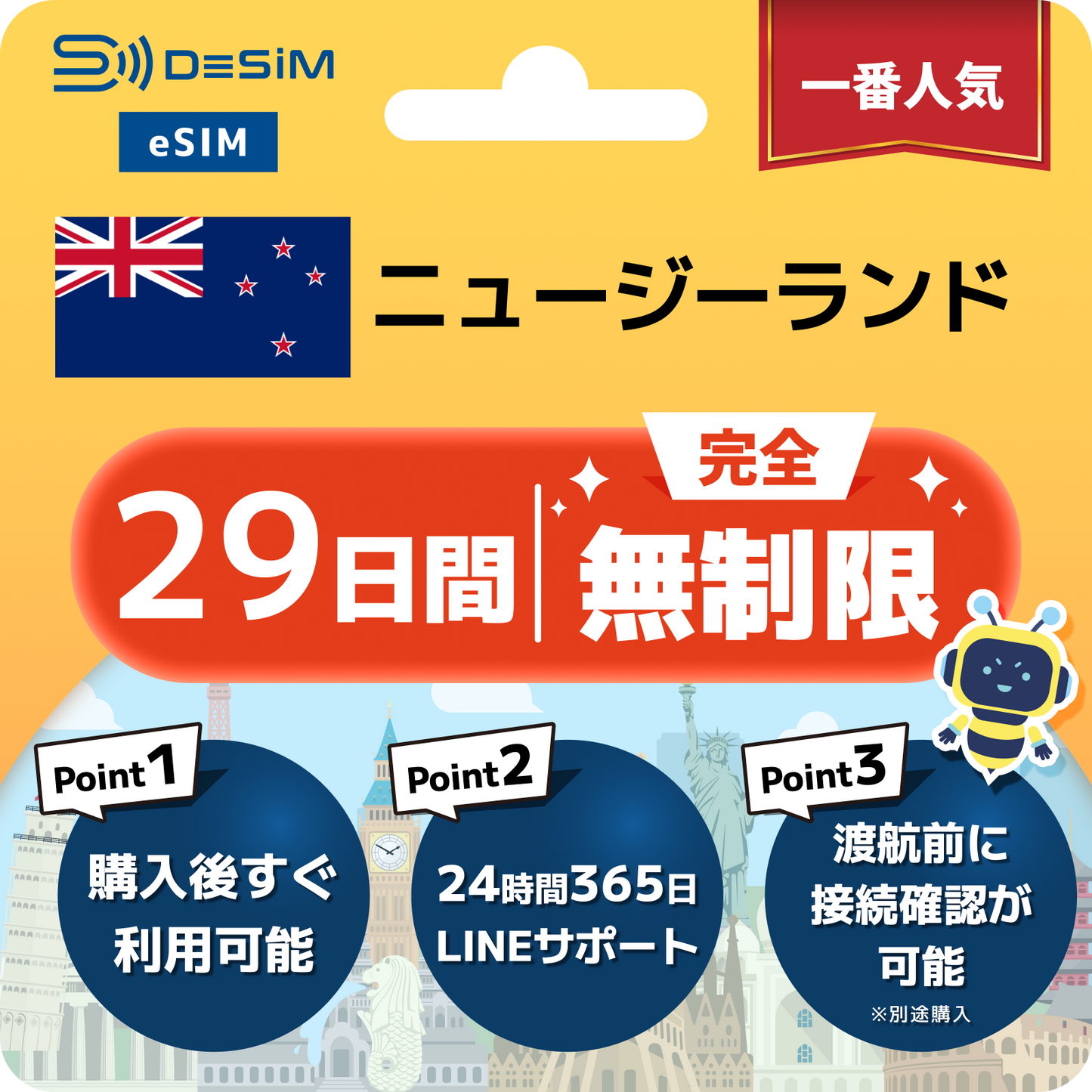 ニュージーランド eSIM(1~30日間) 完全無制限eSIM 即日開通 テザリング対応