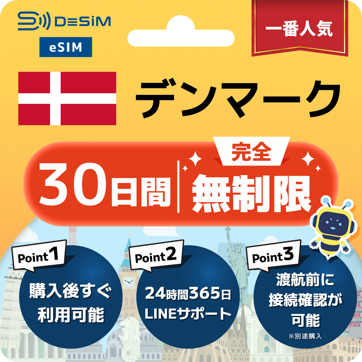 デンマーク eSIM(1~30日間) 完全無制限eSIM 即日開通 テザリング対応
