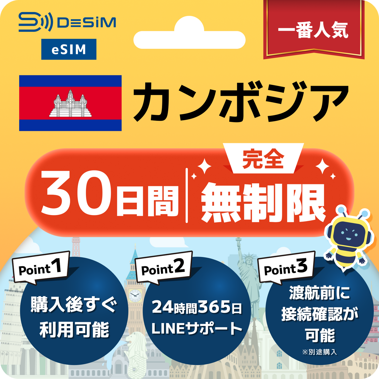 カンボジア eSIM(1~30日間) 完全無制限eSIM 即日開通 テザリング対応