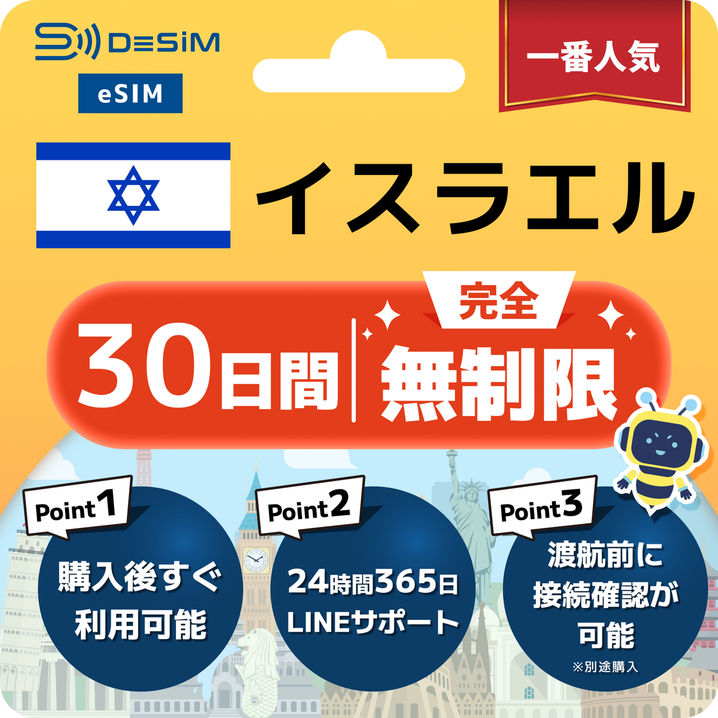 イスラエル eSIM(1~30日間) 完全無制限eSIM 即日開通 テザリング対応
