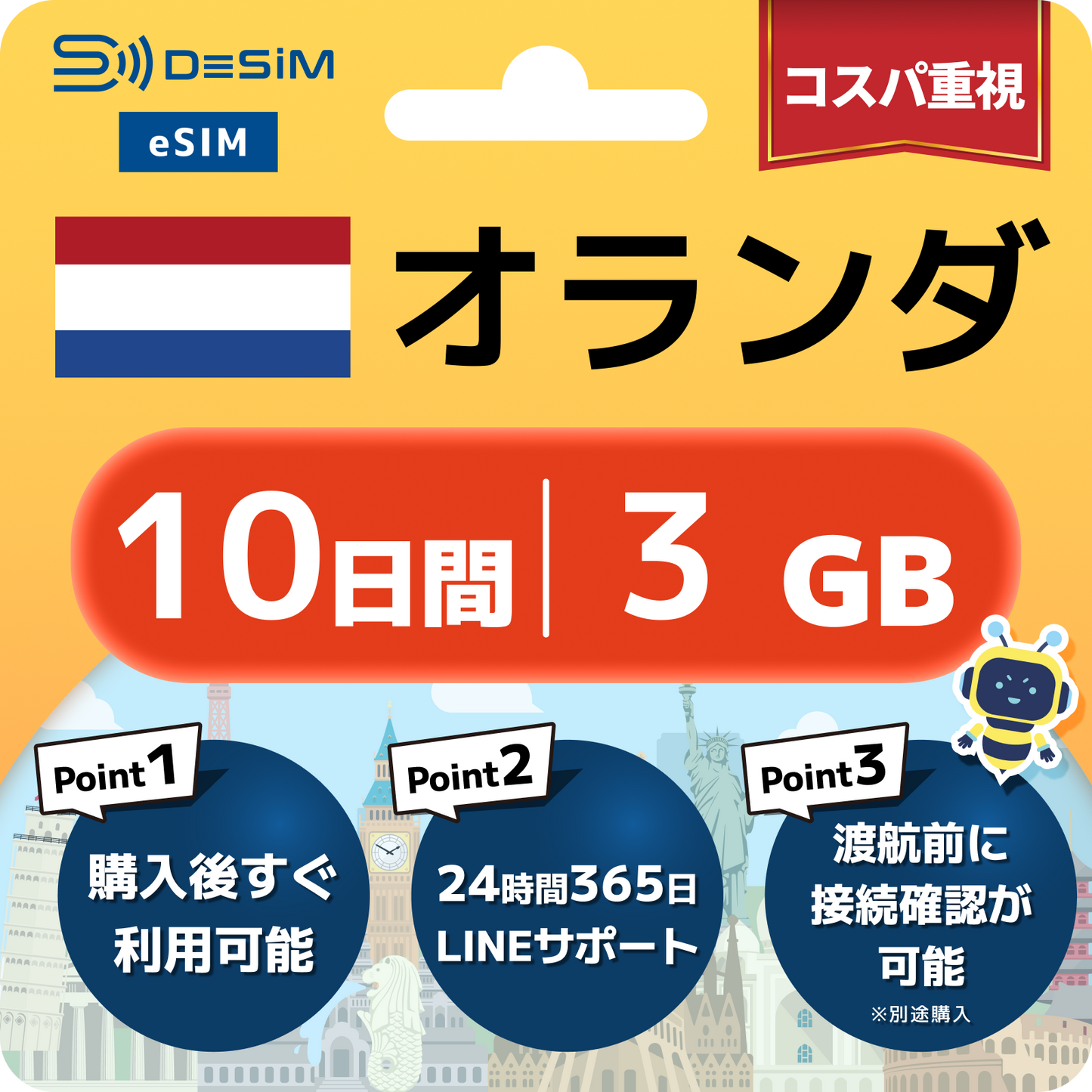 オランダ eSIM( 1~10日間)500MB~50GB選択可能 即日開通 テザリング対応