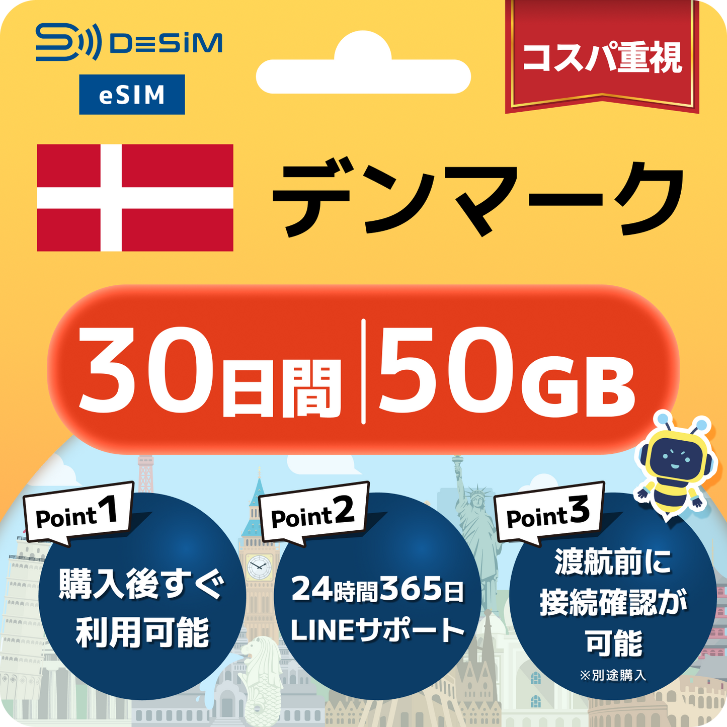 デンマーク eSIM(21~30日間)500MB~50GB選択可能 即日開通 テザリング対応