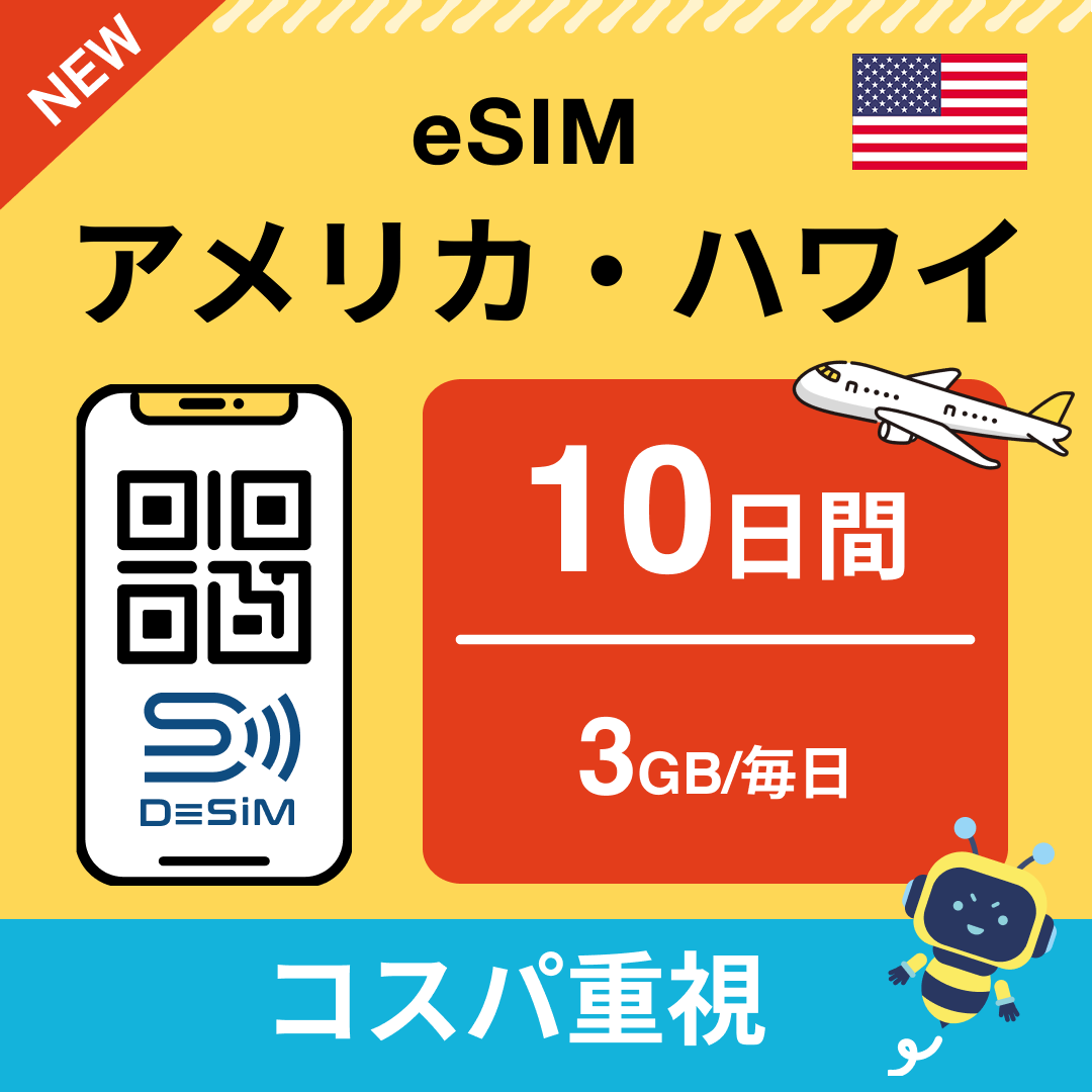 アメリカ eSIM( 1~10日間)500MB~50GB選択可能 即日開通 テザリング対応