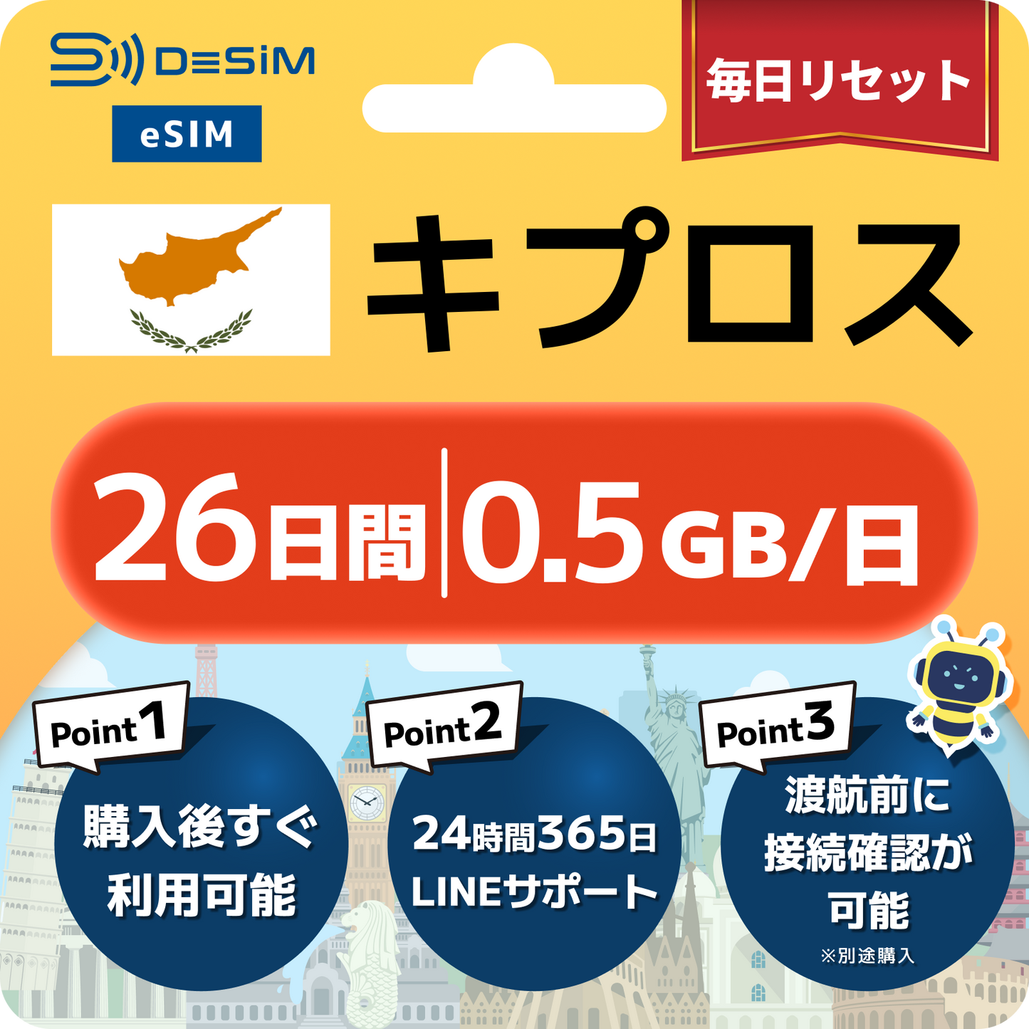 キプロス eSIM（21~30日間）500MB～50GB選択可能 即日開通 テザリング対応