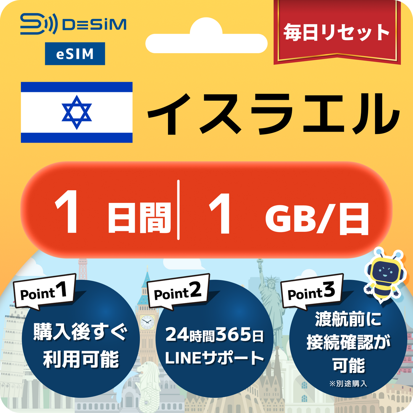 イスラエル eSIM（ 1~10日間）500MB～50GB選択可能 即日開通 テザリング対応