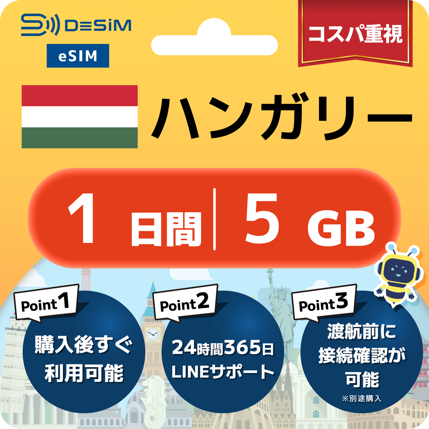 ハンガリー eSIM（ 1~10日間）500MB～50GB選択可能 即日開通 テザリング対応