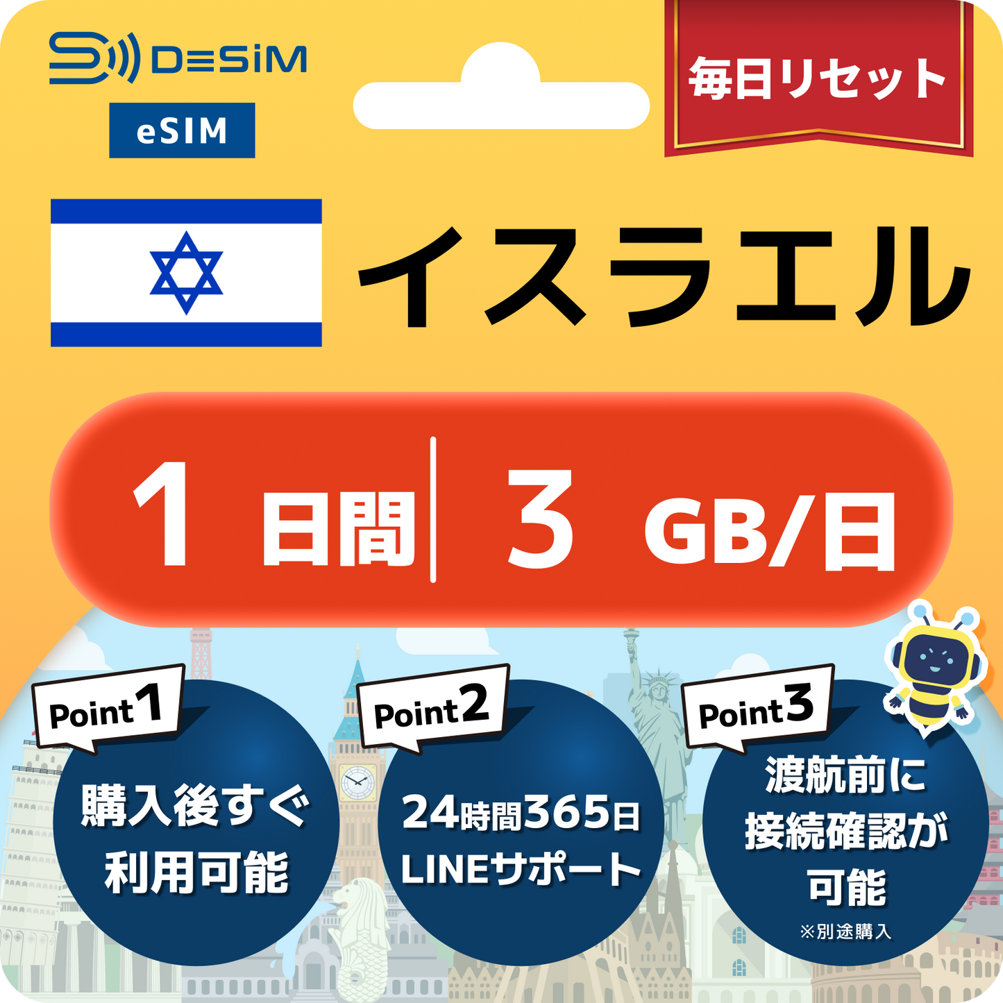 イスラエル eSIM（ 1~10日間）500MB～50GB選択可能 即日開通 テザリング対応