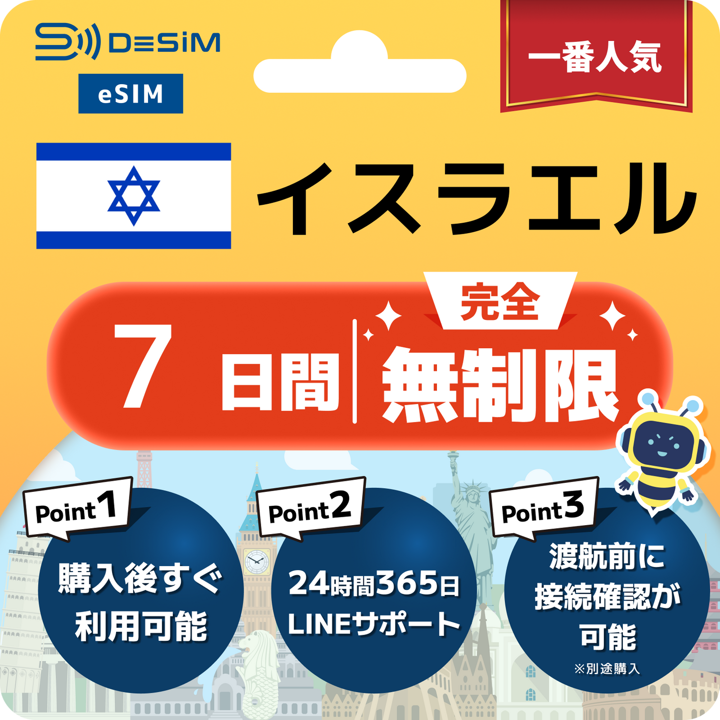 イスラエル eSIM（1~30日間） 完全無制限eSIM 即日開通 テザリング対応