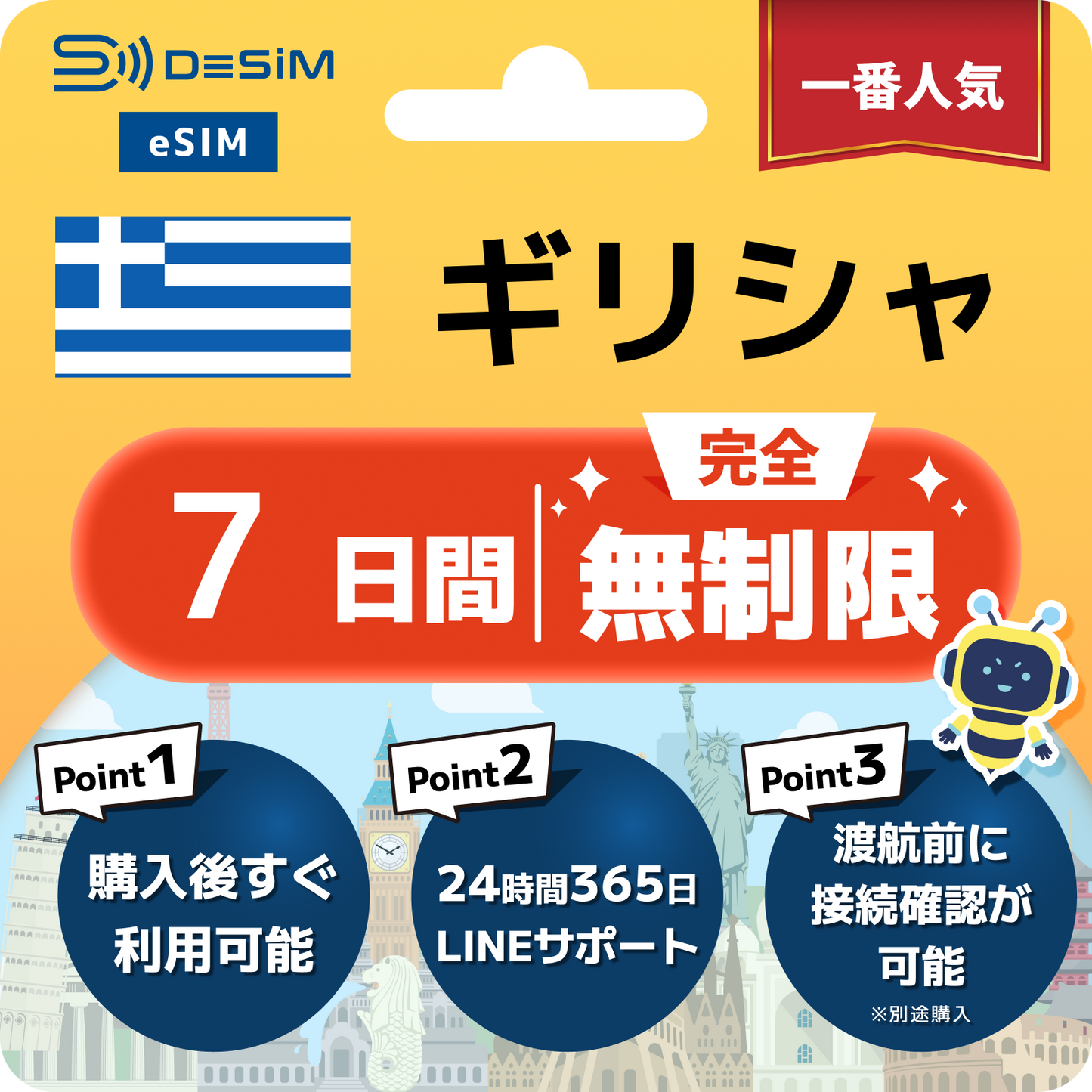 ギリシャ eSIM（1~30日間） 完全無制限eSIM 即日開通 テザリング対応