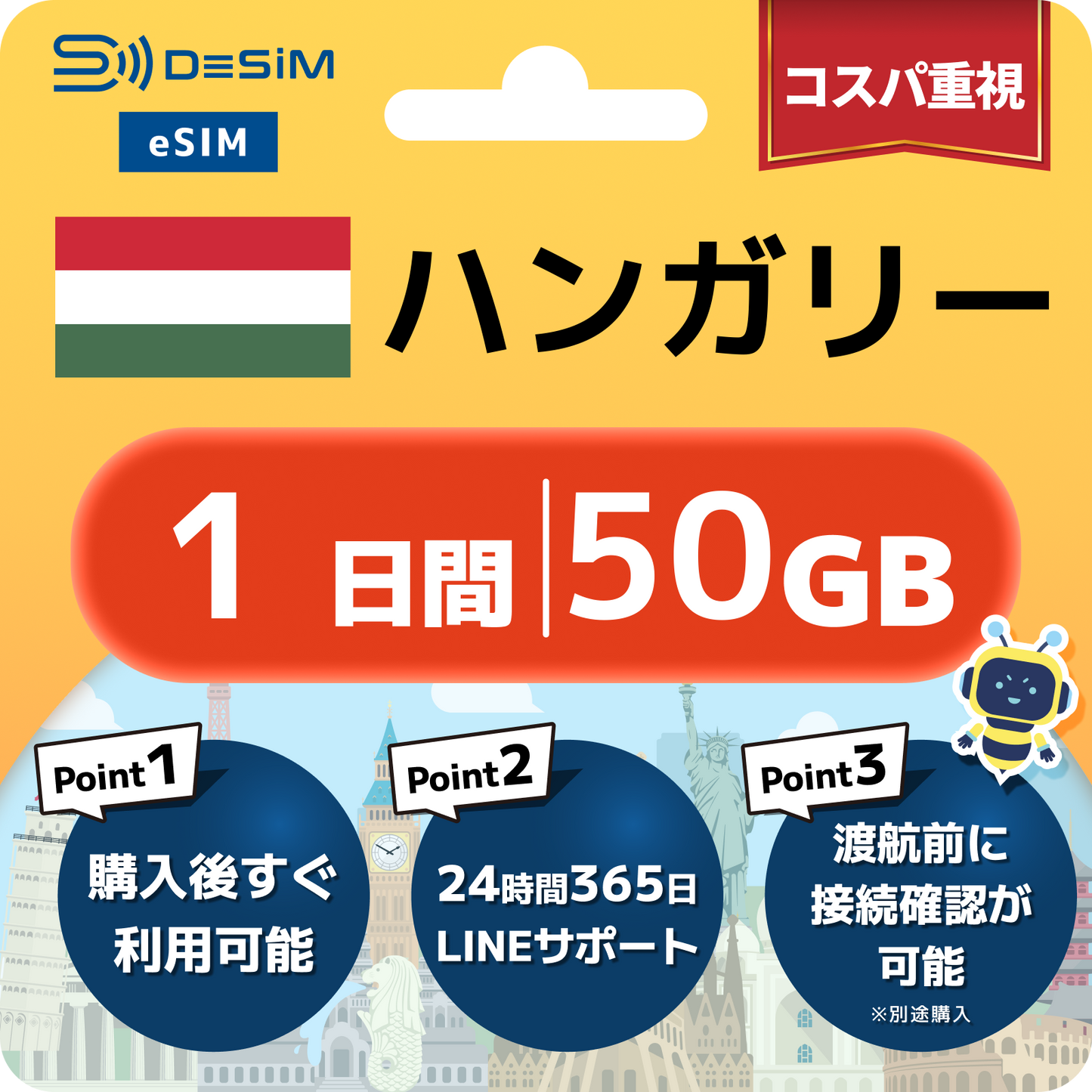 ハンガリー eSIM（ 1~10日間）500MB～50GB選択可能 即日開通 テザリング対応