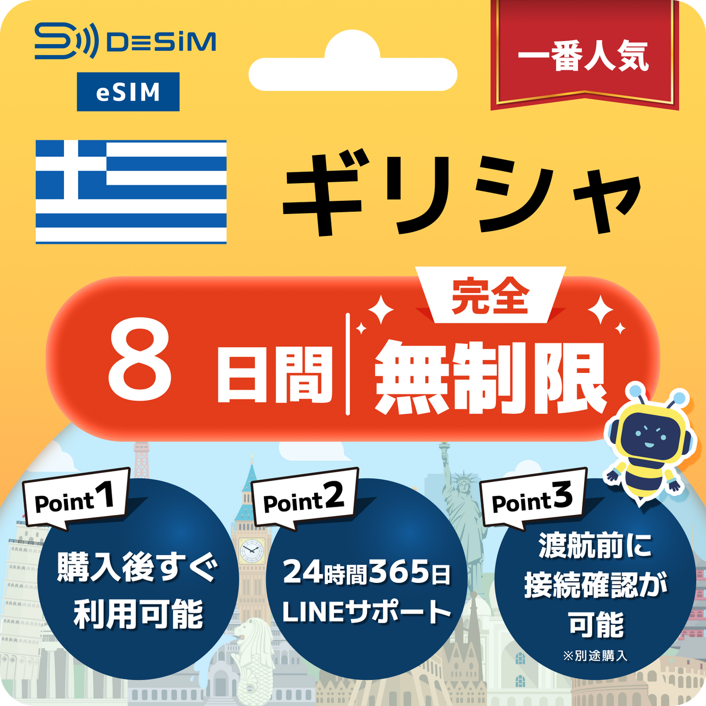 ギリシャ eSIM（1~30日間） 完全無制限eSIM 即日開通 テザリング対応