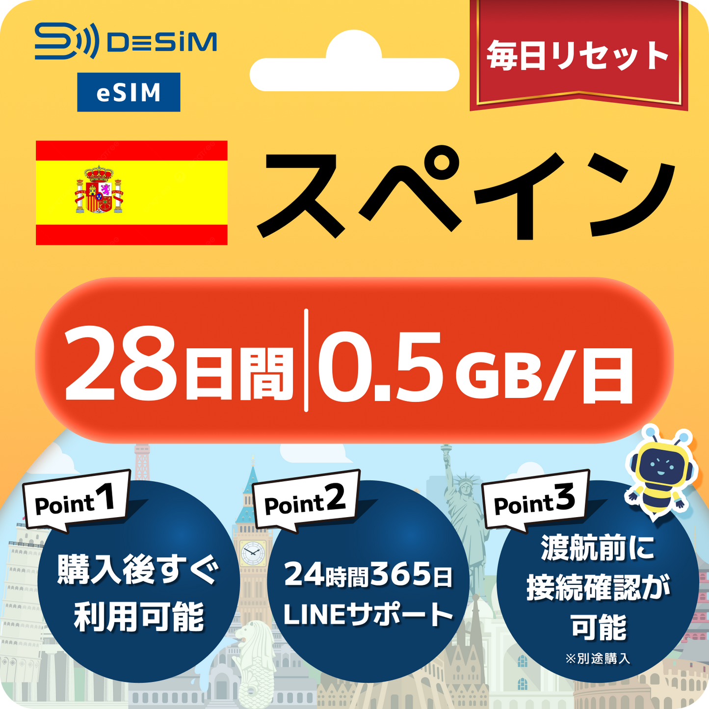 スペイン eSIM（21~30日間）500MB～50GB選択可能 即日開通 テザリング対応