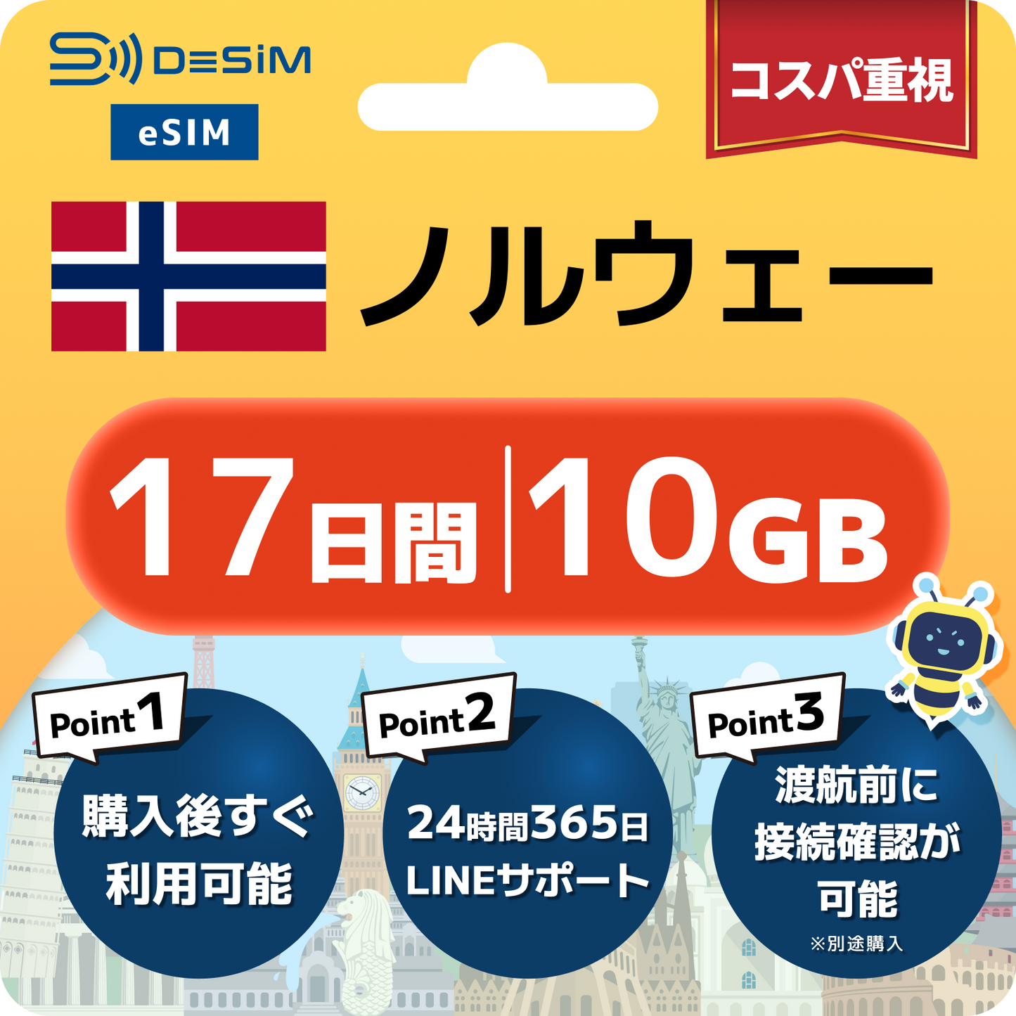 ノルウェー eSIM（11~20日間）500MB～50GB選択可能 即日開通 テザリング対応