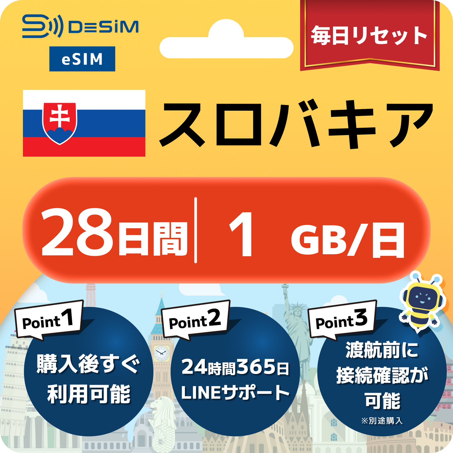 スロバキア eSIM（21~30日間）500MB～50GB選択可能 即日開通 テザリング対応