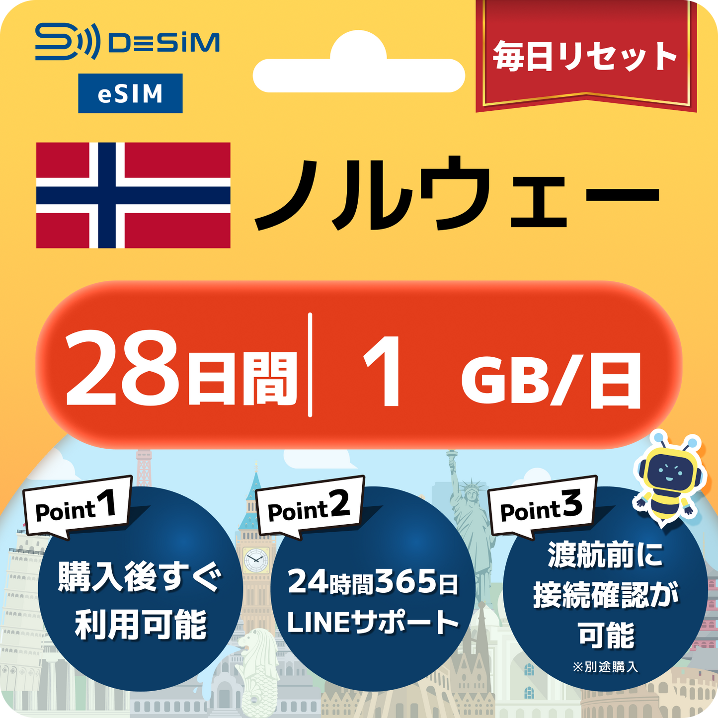 ノルウェー eSIM（21~30日間）500MB～50GB選択可能 即日開通 テザリング対応