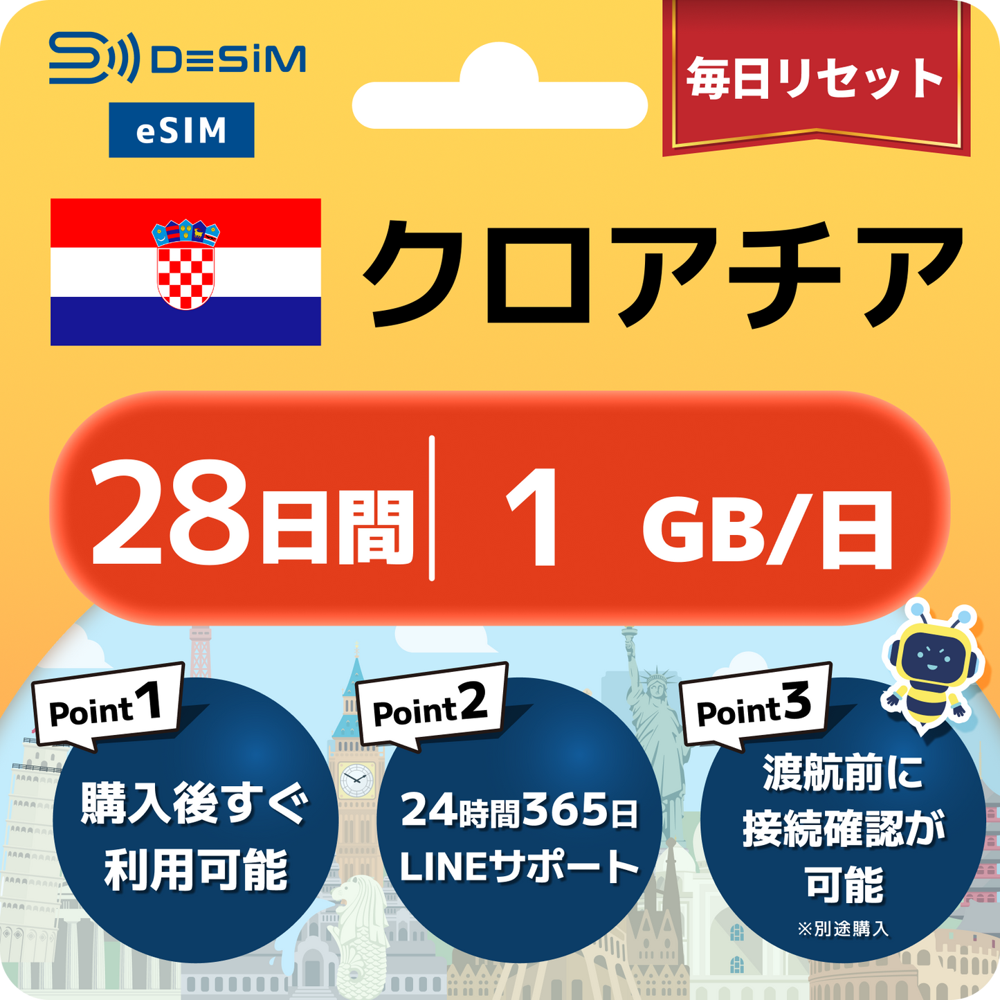 クロアチア eSIM（21~30日間）500MB～50GB選択可能 即日開通 テザリング対応