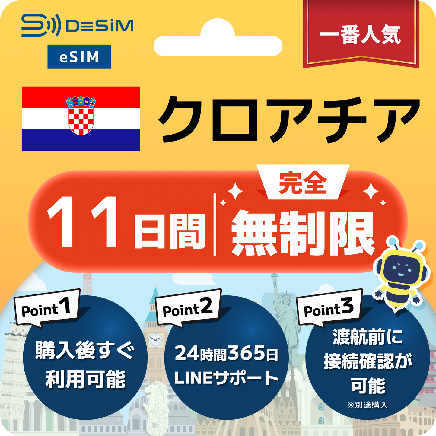 クロアチア eSIM（1~30日間） 完全無制限eSIM 即日開通 テザリング対応
