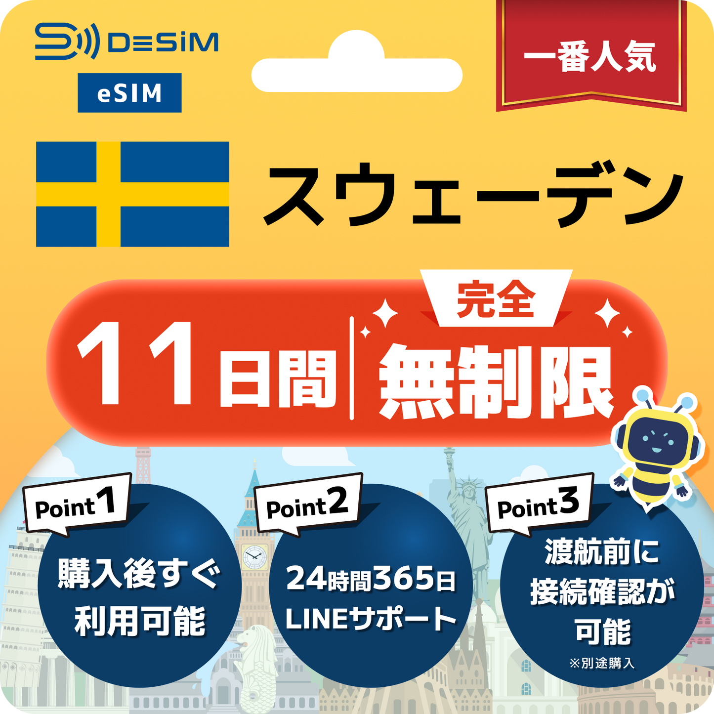スウェーデン eSIM（1~30日間） 完全無制限eSIM 即日開通 テザリング対応