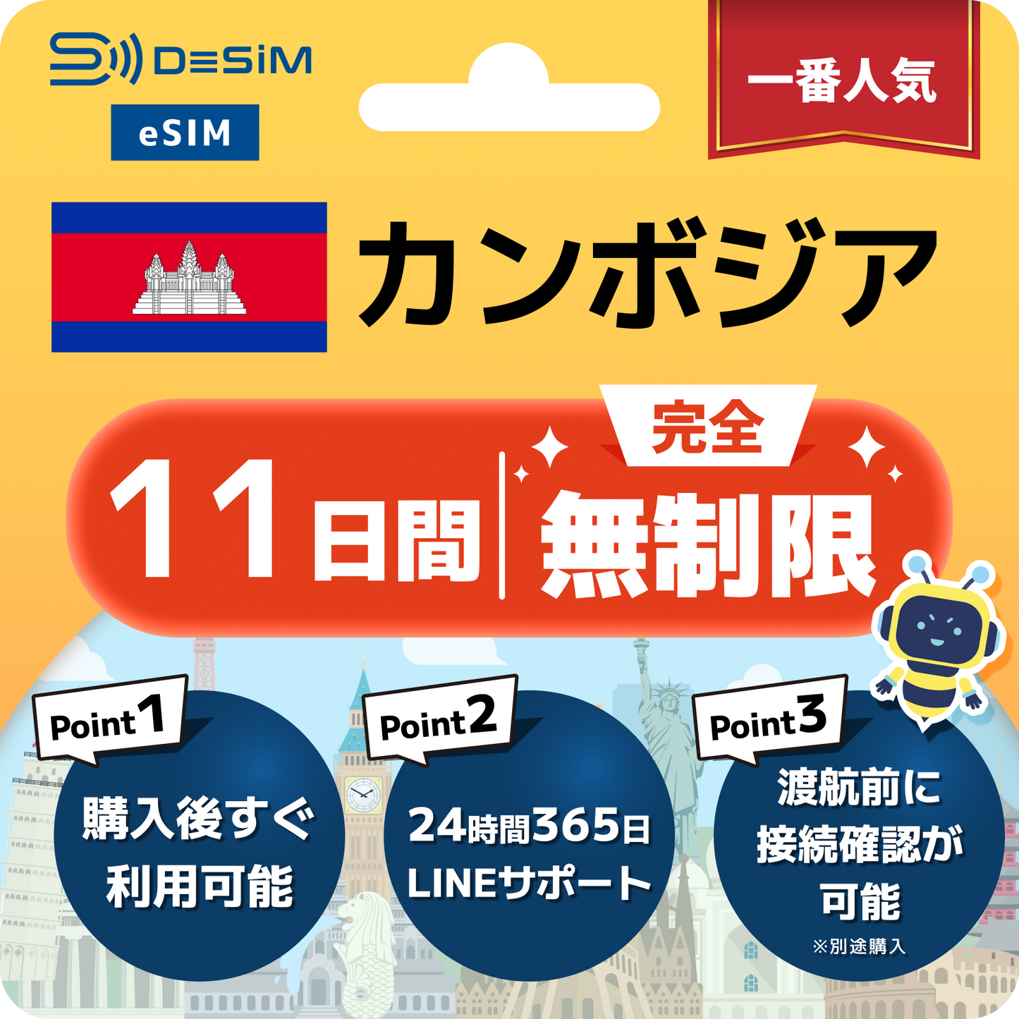 カンボジア eSIM（1~30日間） 完全無制限eSIM 即日開通 テザリング対応