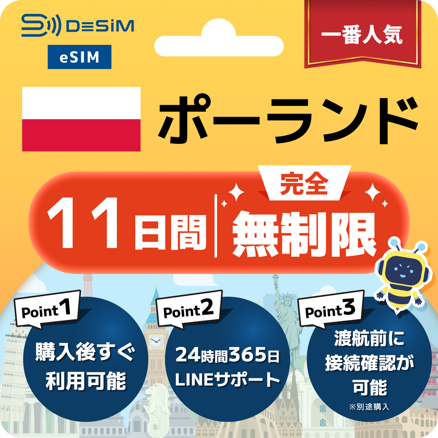 ポーランド eSIM（1~30日間） 完全無制限eSIM 即日開通 テザリング対応