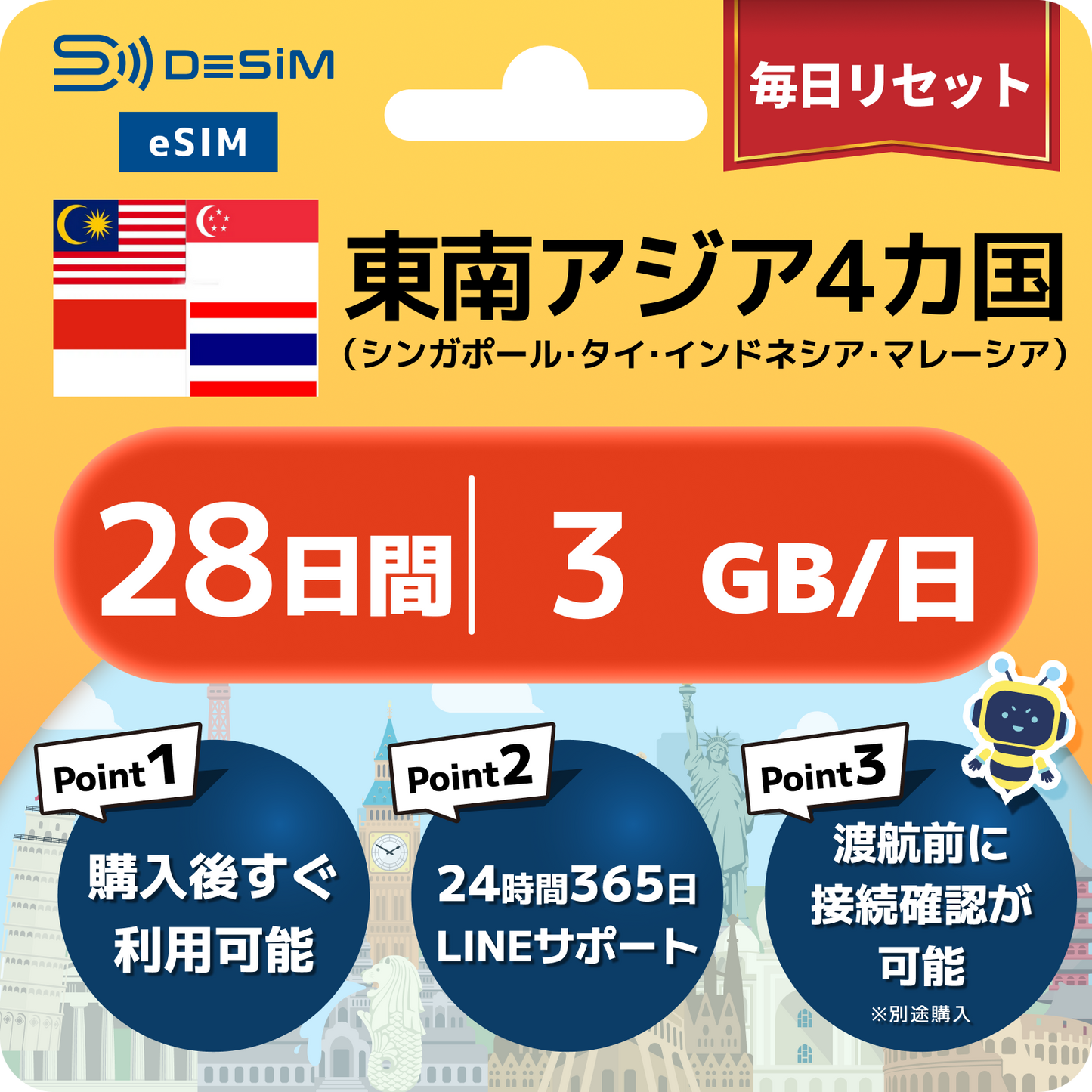 東南アジア eSIM（21~30日間）500MB～50GB選択可能 即日開通 テザリング対応