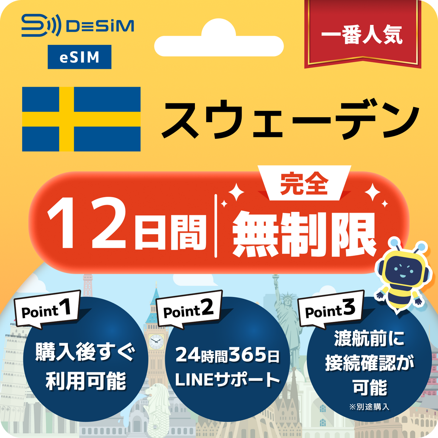 スウェーデン eSIM（1~30日間） 完全無制限eSIM 即日開通 テザリング対応