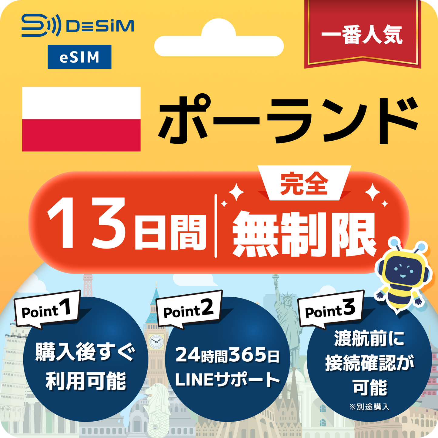 ポーランド eSIM（1~30日間） 完全無制限eSIM 即日開通 テザリング対応