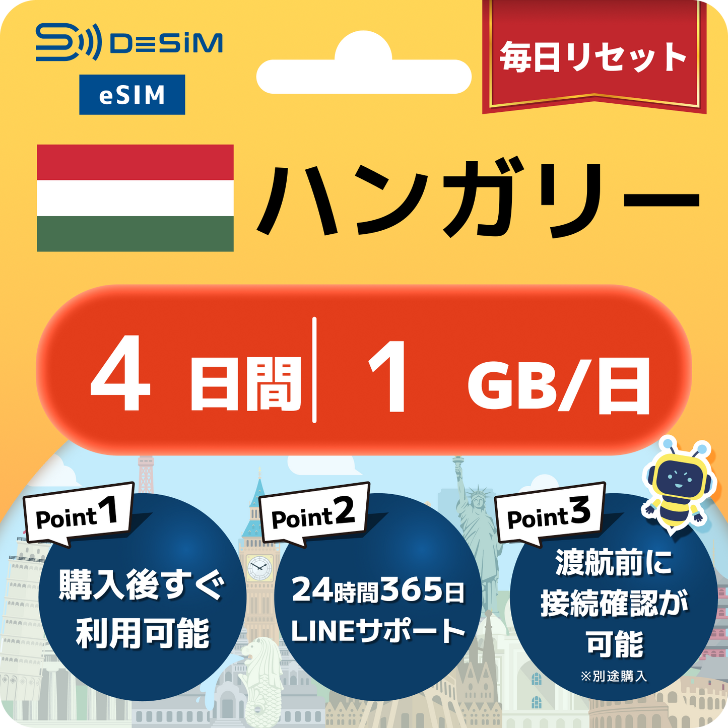 ハンガリー eSIM（ 1~10日間）500MB～50GB選択可能 即日開通 テザリング対応