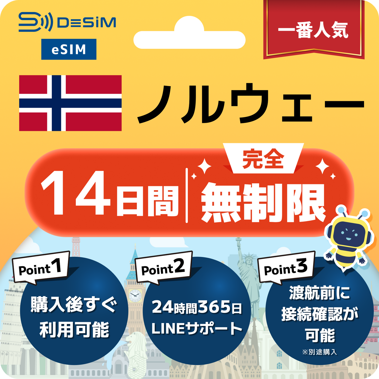 ノルウェー eSIM（1~30日間） 完全無制限eSIM 即日開通 テザリング対応