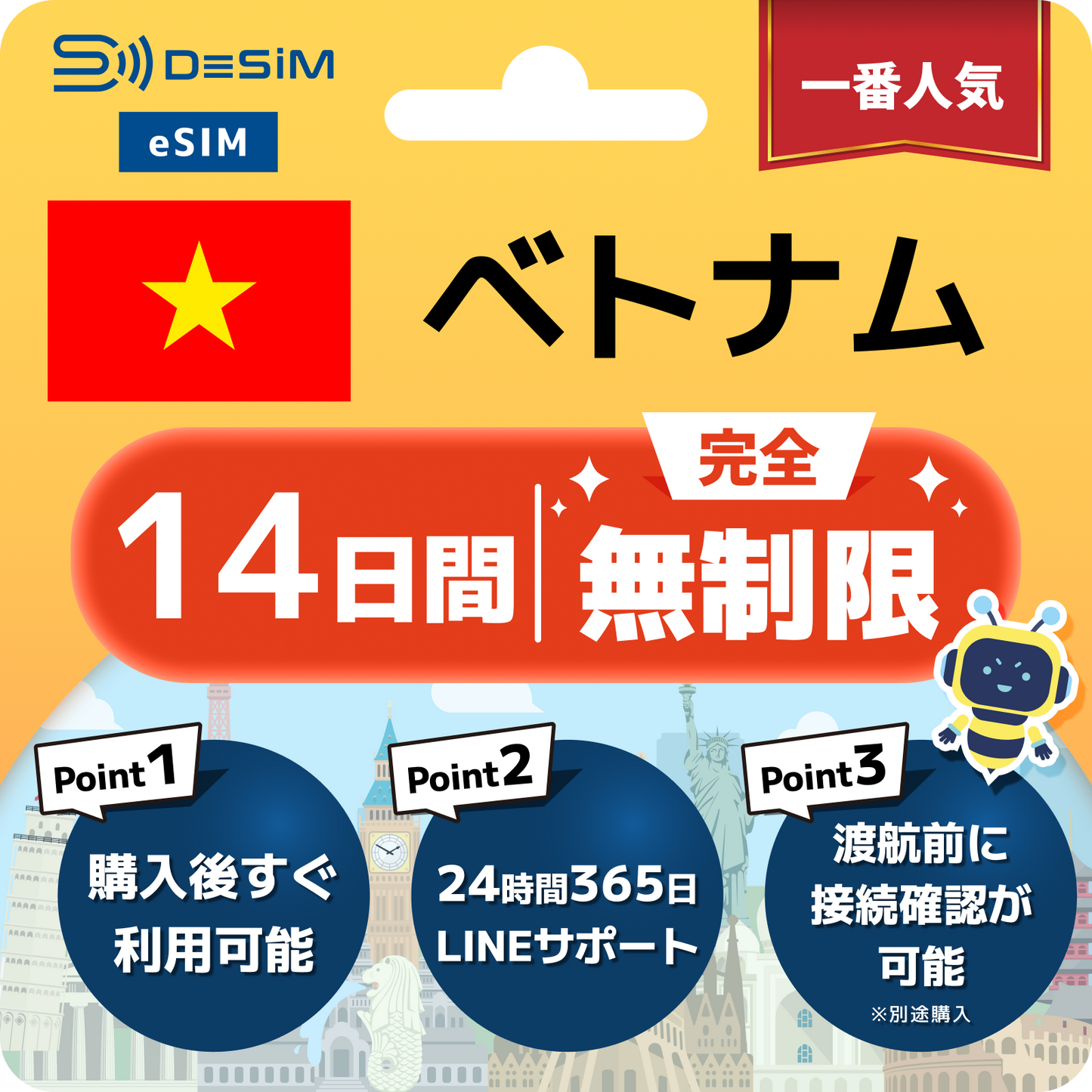 ベトナム eSIM（1~30日間） 完全無制限eSIM 即日開通 テザリング対応