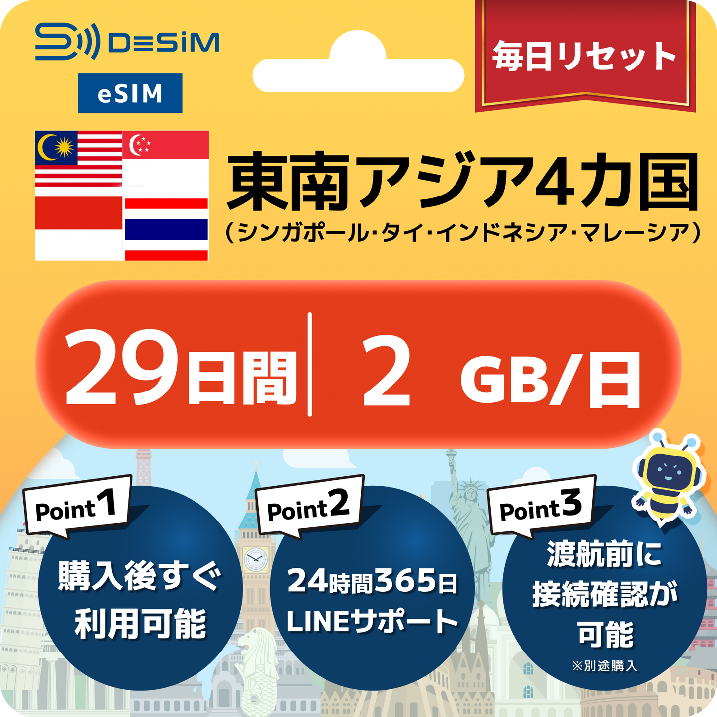 東南アジア eSIM（21~30日間）500MB～50GB選択可能 即日開通 テザリング対応