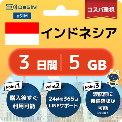 インドネシア eSIM（ 1~10日間）500MB～50GB選択可能 即日開通 テザリング対応