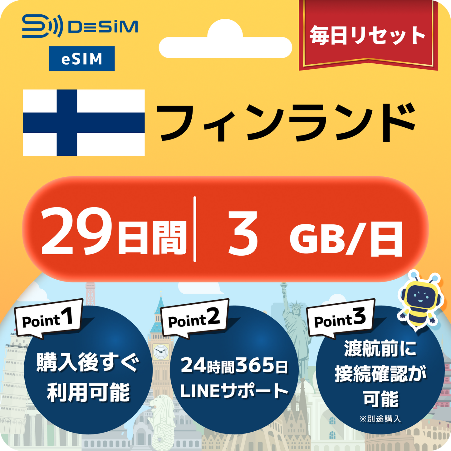 フィンランド eSIM（21~30日間）500MB～50GB選択可能 即日開通 テザリング対応