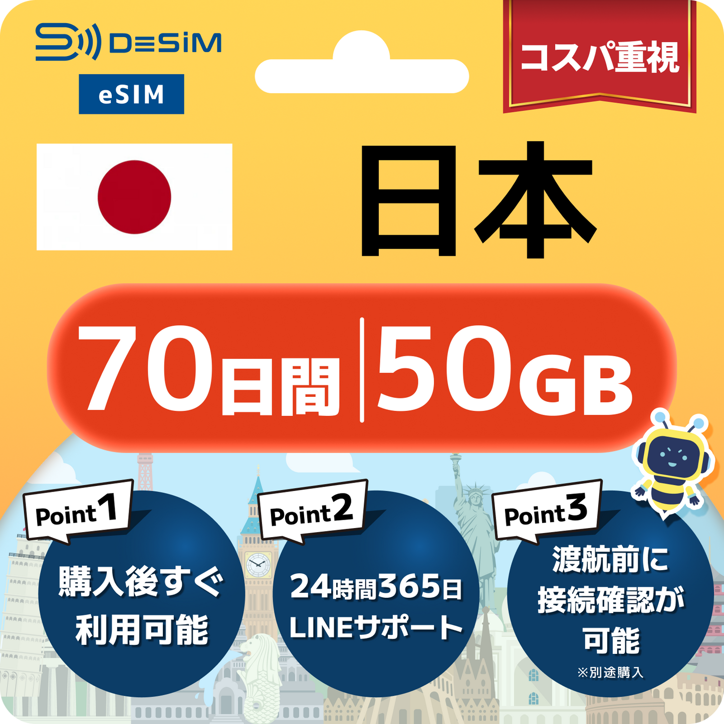 日本 eSIM　長期（40～90日間）500MB～50GB選択可能 即日開通 テザリング対応