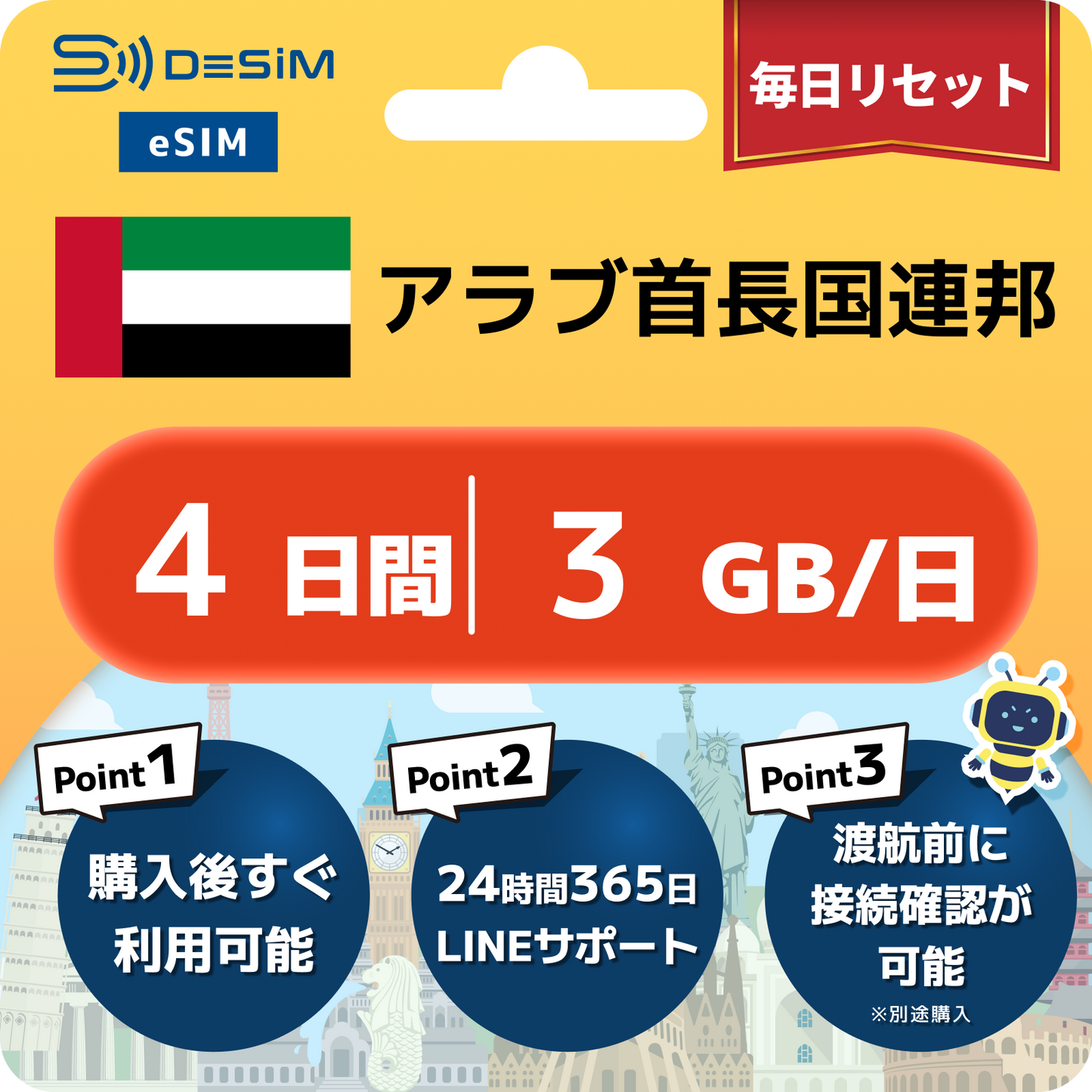 アラブ首長国連邦 eSIM（ 1~10日間）500MB～50GB選択可能 即日開通 テザリング対応