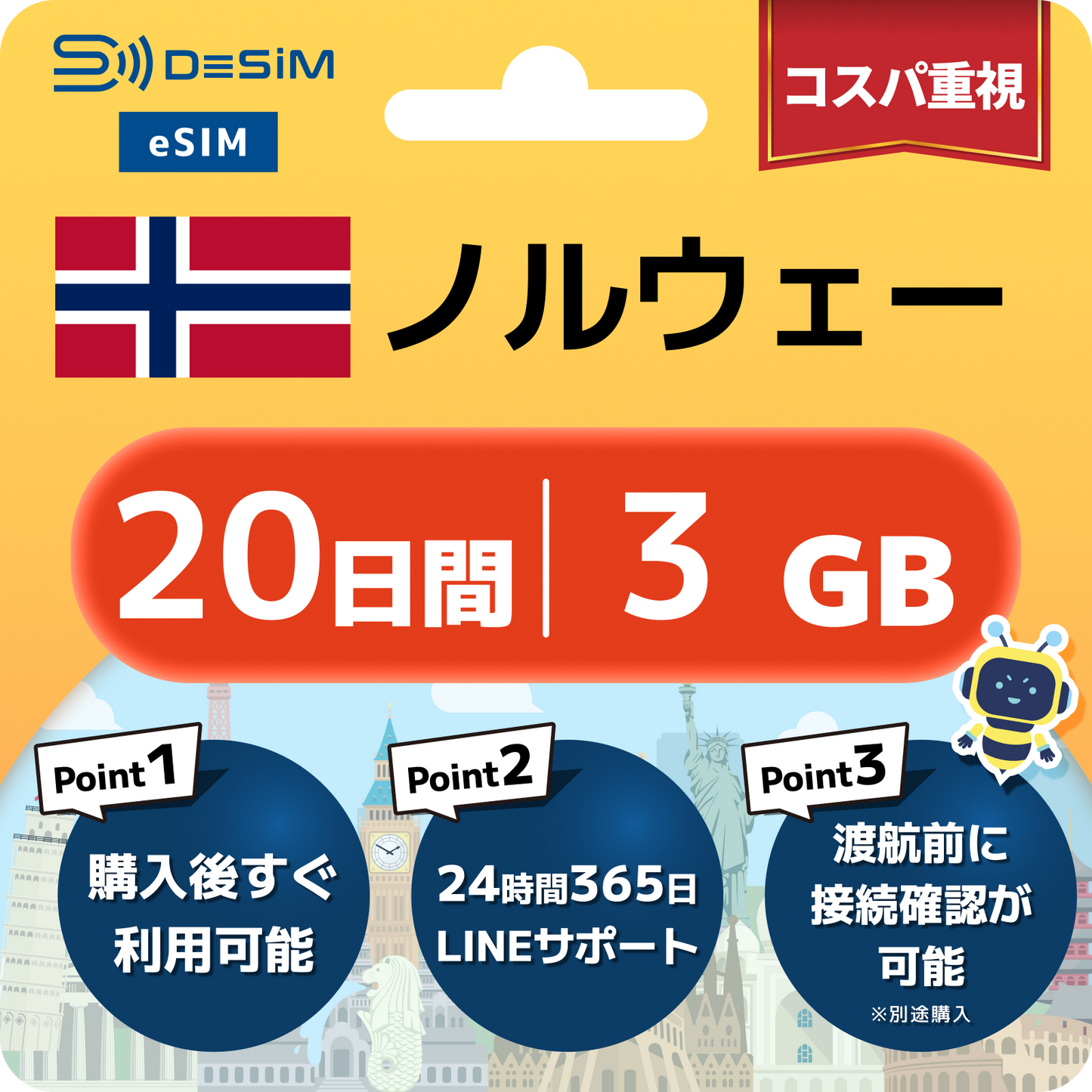 ノルウェー eSIM（11~20日間）500MB～50GB選択可能 即日開通 テザリング対応