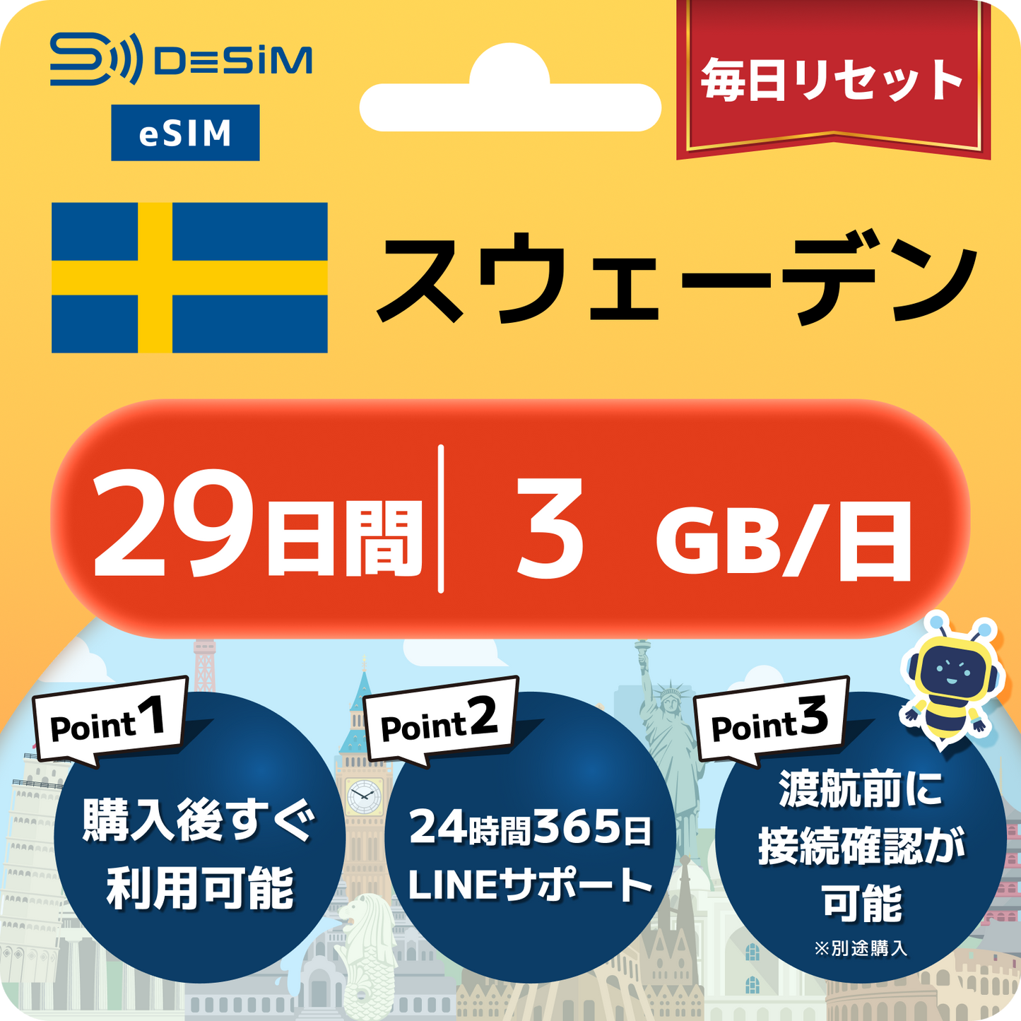 スウェーデン eSIM（21~30日間）500MB～50GB選択可能 即日開通 テザリング対応
