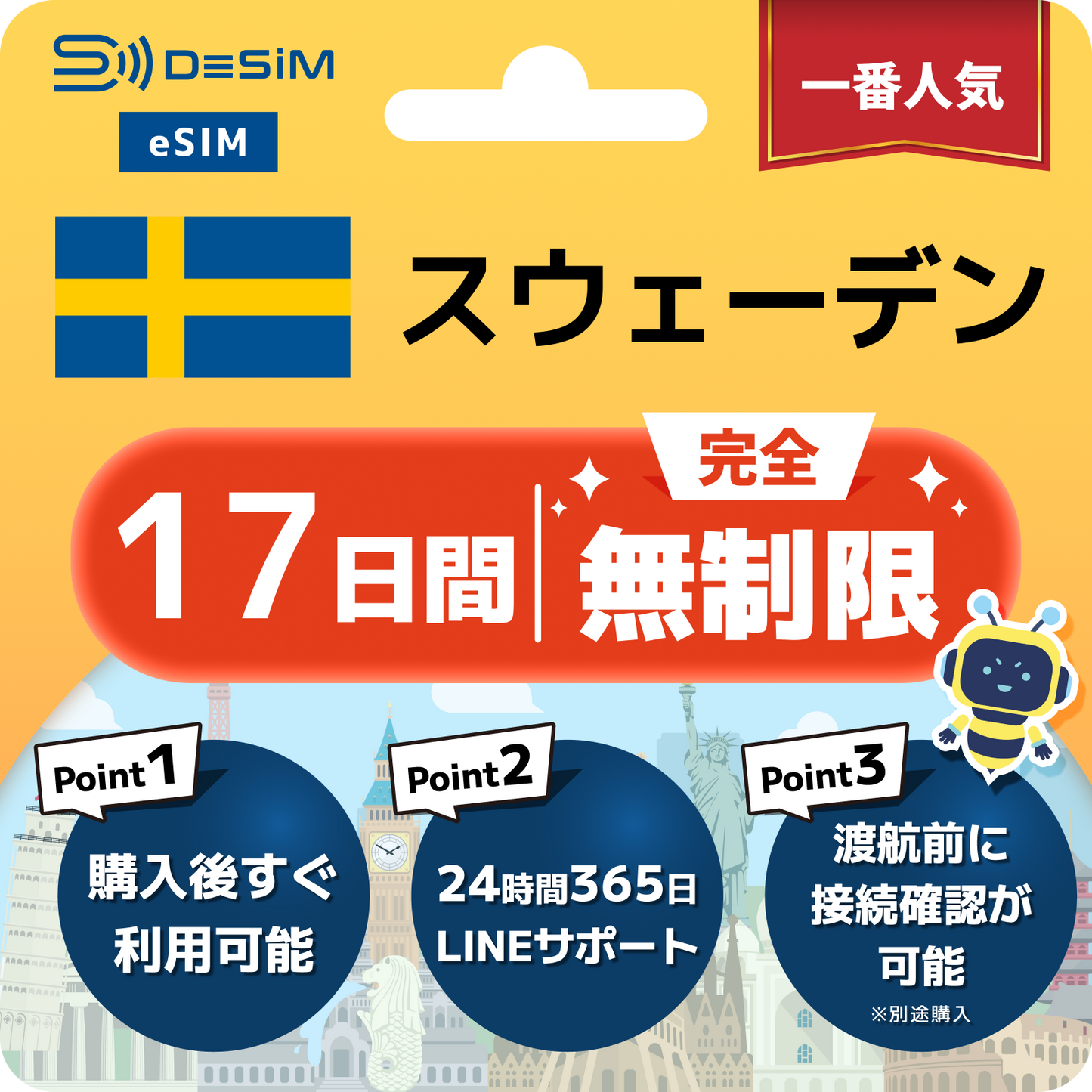 スウェーデン eSIM（1~30日間） 完全無制限eSIM 即日開通 テザリング対応