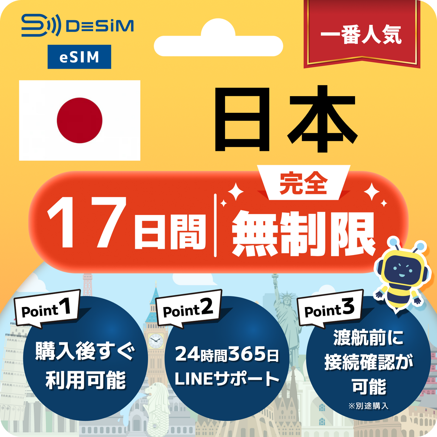 日本 eSIM（1~30日間） 完全無制限eSIM 即日開通 テザリング対応