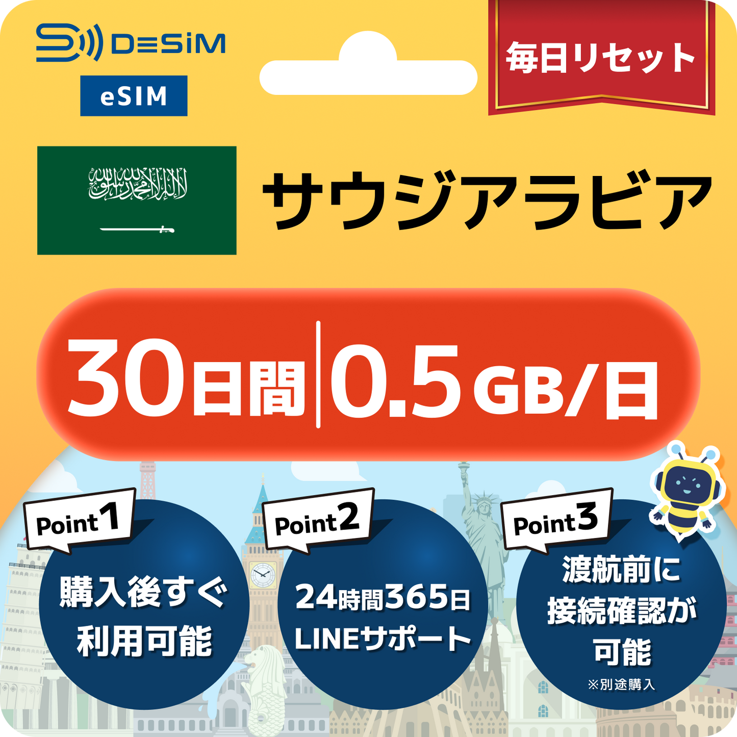 サウジアラビア eSIM（21~30日間）500MB～50GB選択可能 即日開通 テザリング対応