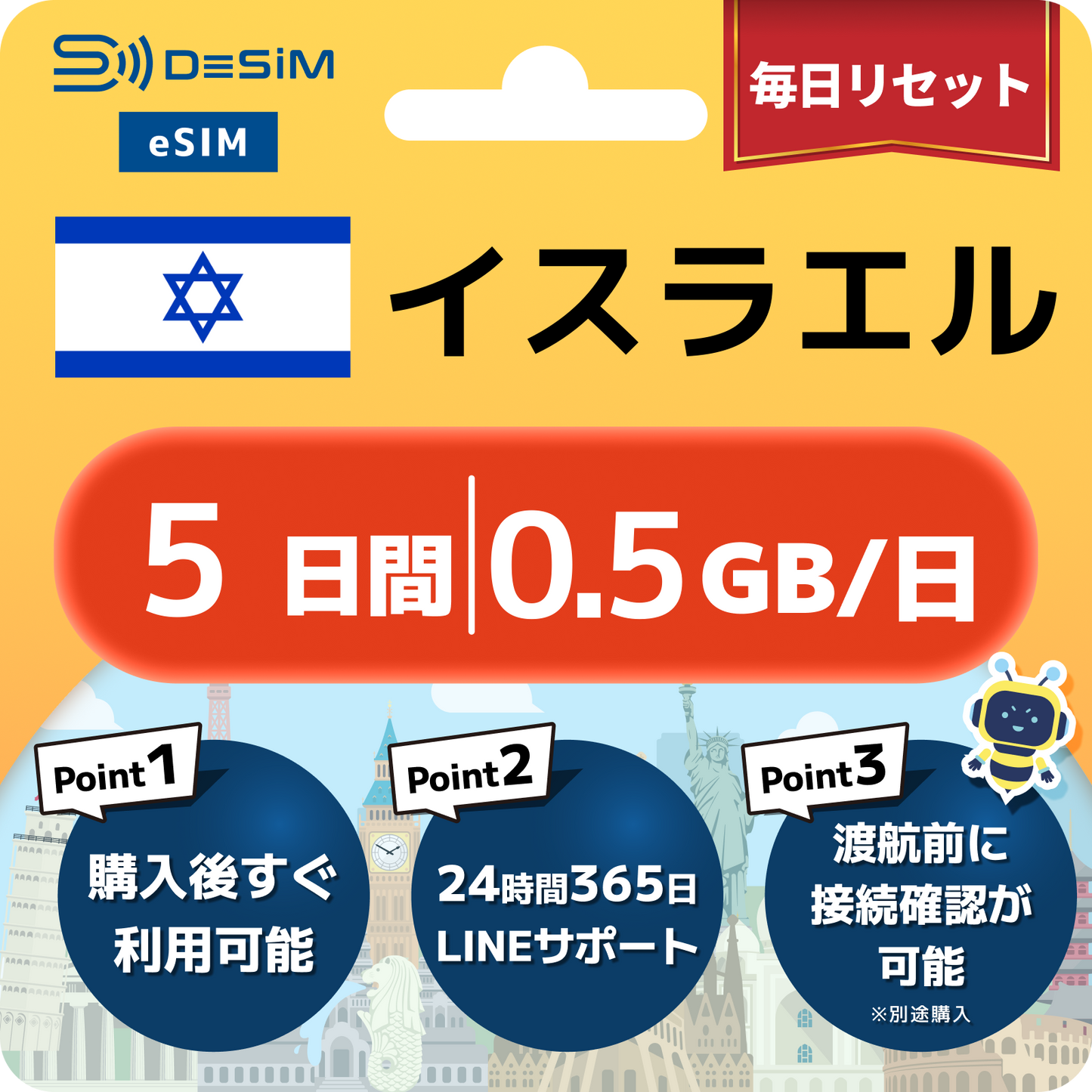 イスラエル eSIM（ 1~10日間）500MB～50GB選択可能 即日開通 テザリング対応