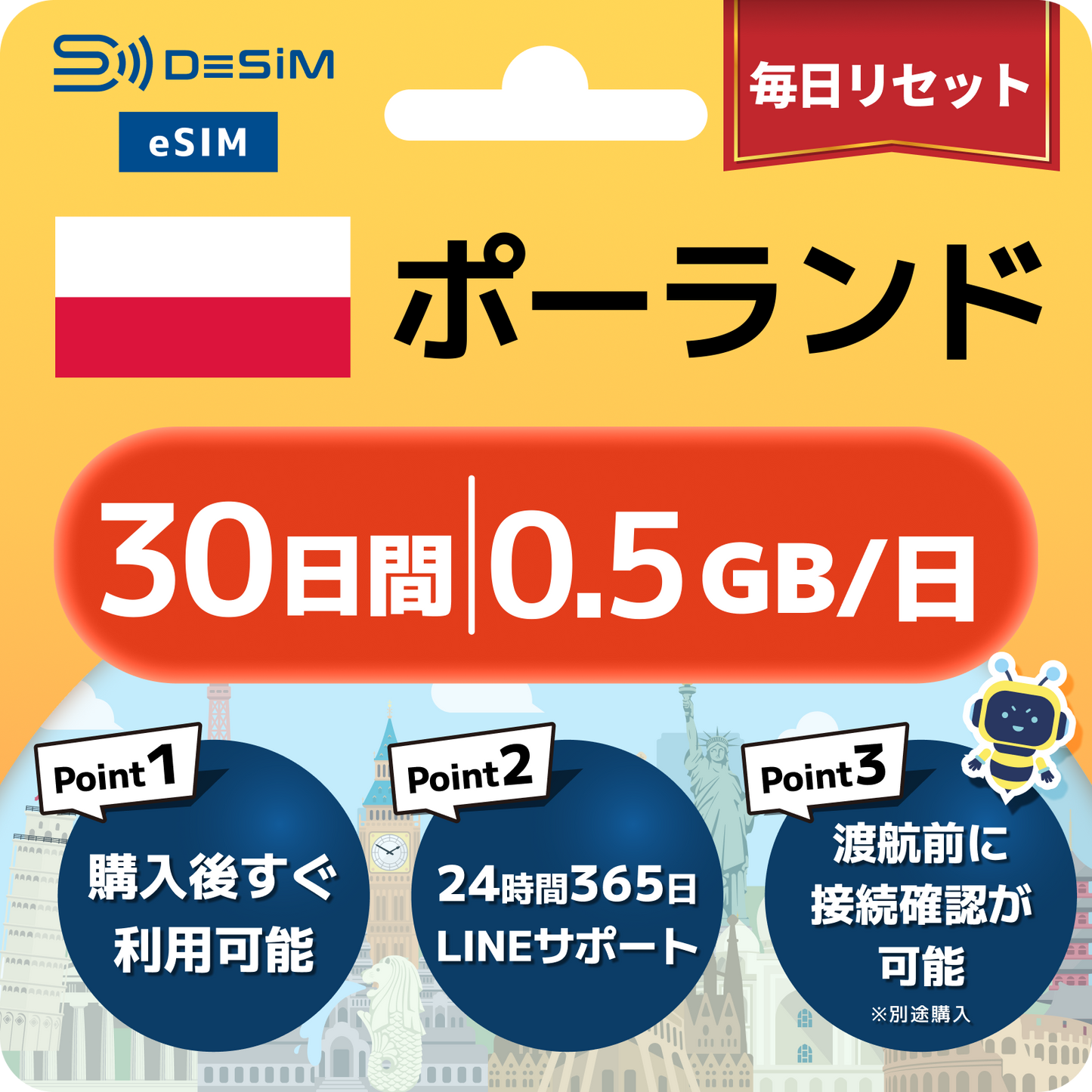 ポーランド eSIM（21~30日間）500MB～50GB選択可能 即日開通 テザリング対応