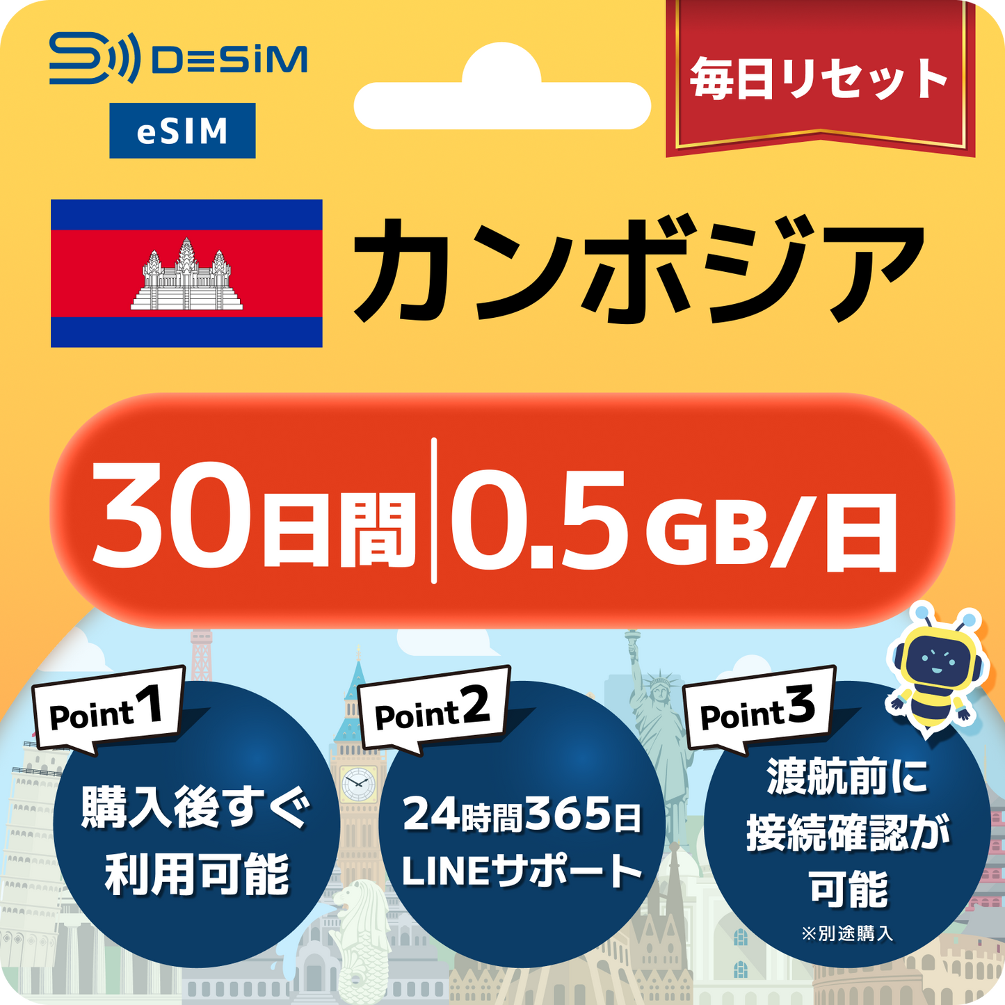 カンボジア eSIM（21~30日間）500MB～50GB選択可能 即日開通 テザリング対応