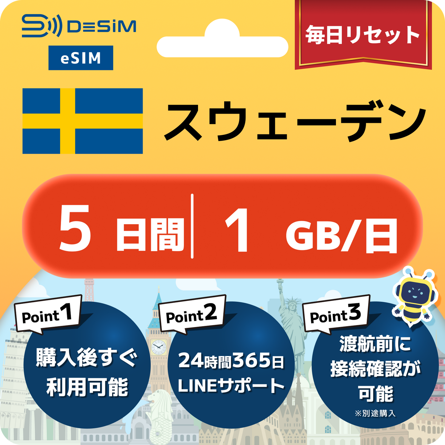 スウェーデン eSIM（ 1~10日間）500MB～50GB選択可能 即日開通 テザリング対応