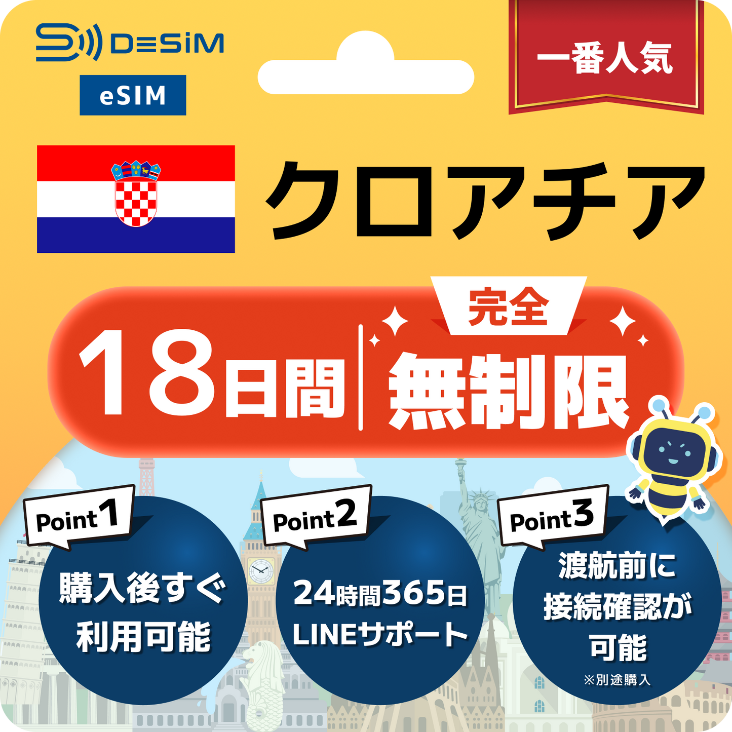 クロアチア eSIM（1~30日間） 完全無制限eSIM 即日開通 テザリング対応