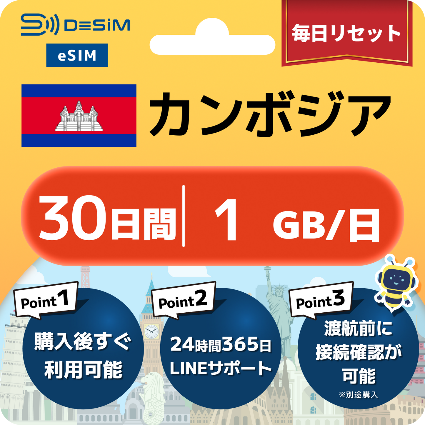 カンボジア eSIM（21~30日間）500MB～50GB選択可能 即日開通 テザリング対応