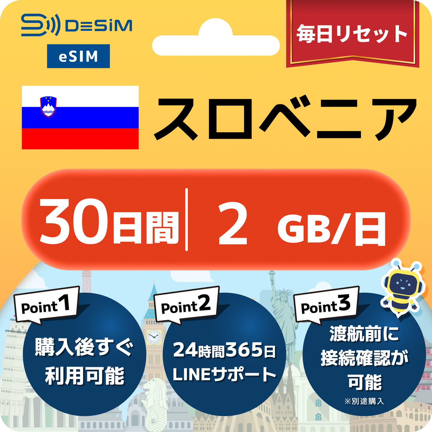 スロベニア eSIM（21~30日間）500MB～50GB選択可能 即日開通 テザリング対応