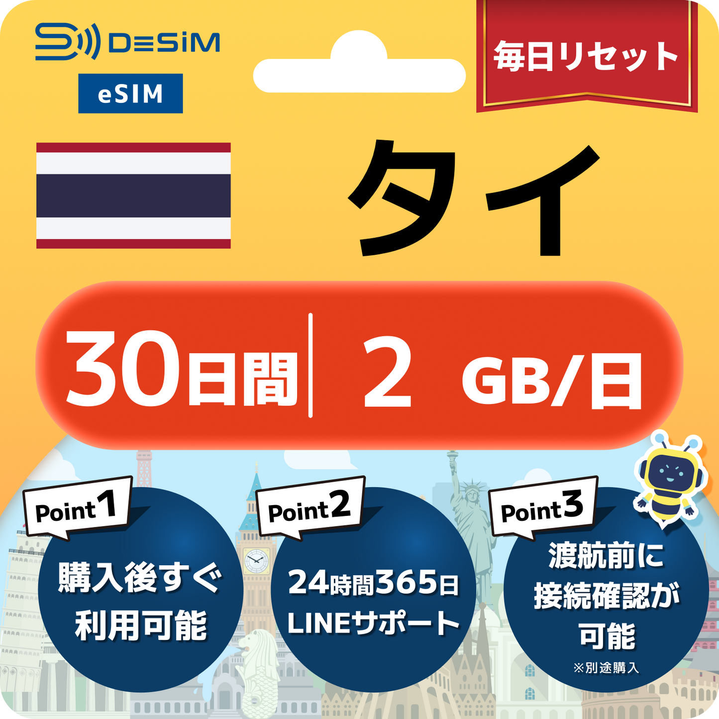 タイ eSIM（21~30日間）500MB～50GB選択可能 即日開通 テザリング対応