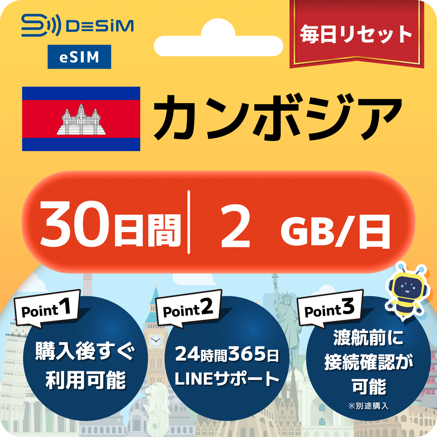カンボジア eSIM（21~30日間）500MB～50GB選択可能 即日開通 テザリング対応