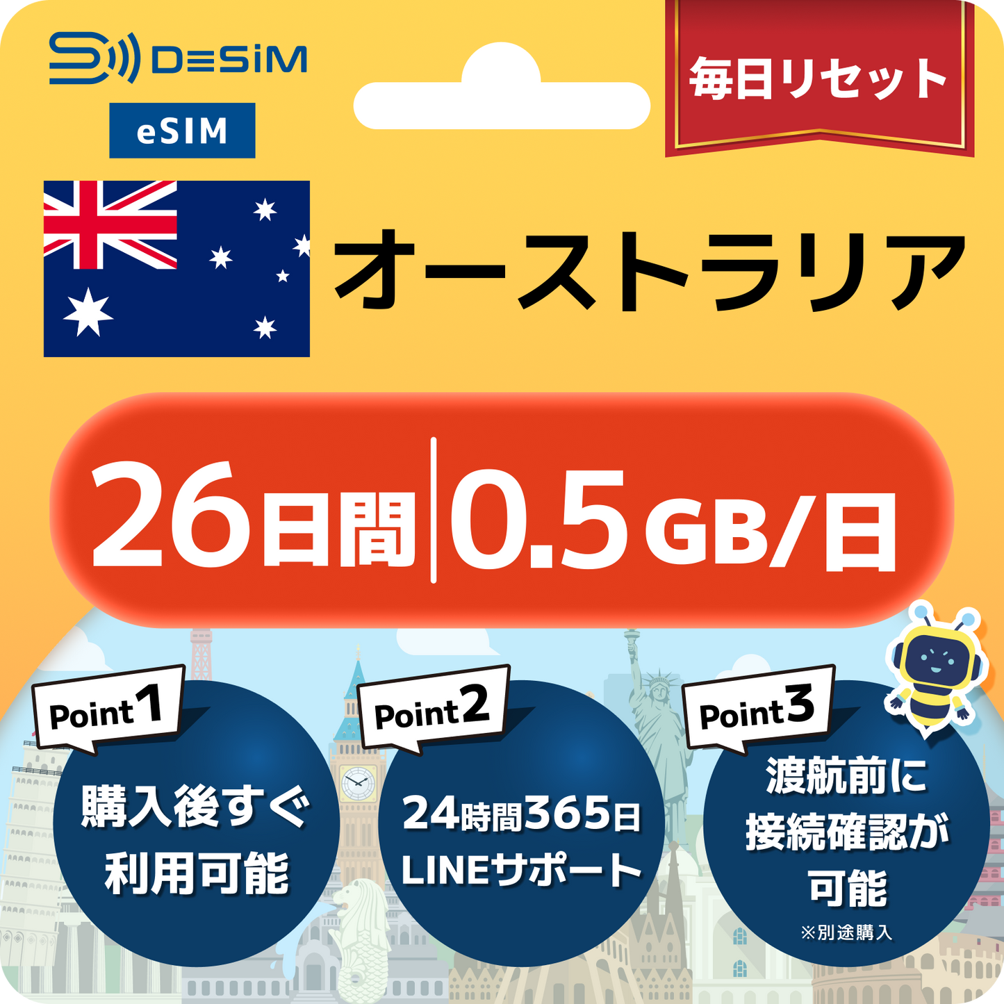 オーストラリア eSIM（21~30日間）500MB～50GB選択可能 即日開通 テザリング対応